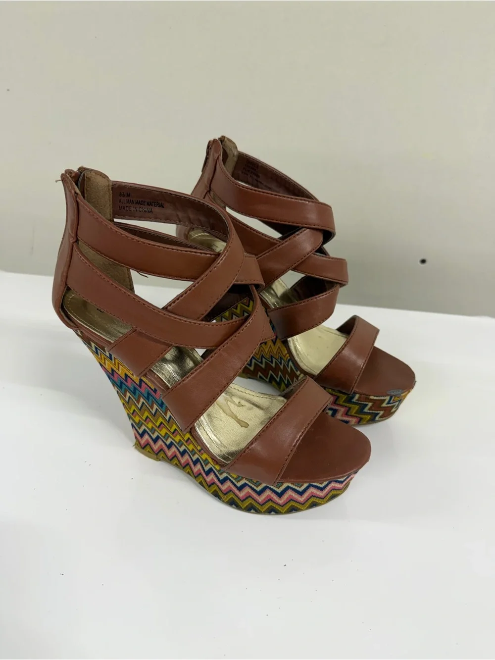 Brown Strappy Wedge Sandals with Chevron Pattern
